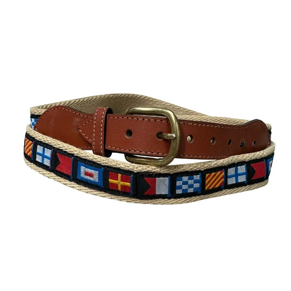 Vintage Nautical Flag Canvas Leather Belt Made in Argentina Brown Brass Size 46